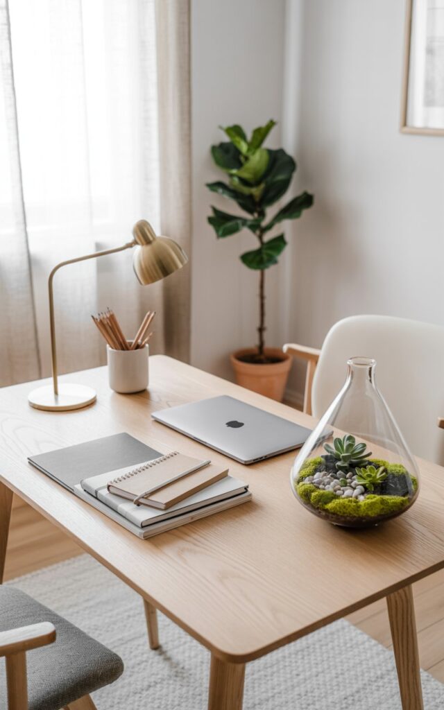 A Scandinavian-style home office with a minimalist desk featuring a small glass terrarium with moss and succulents.