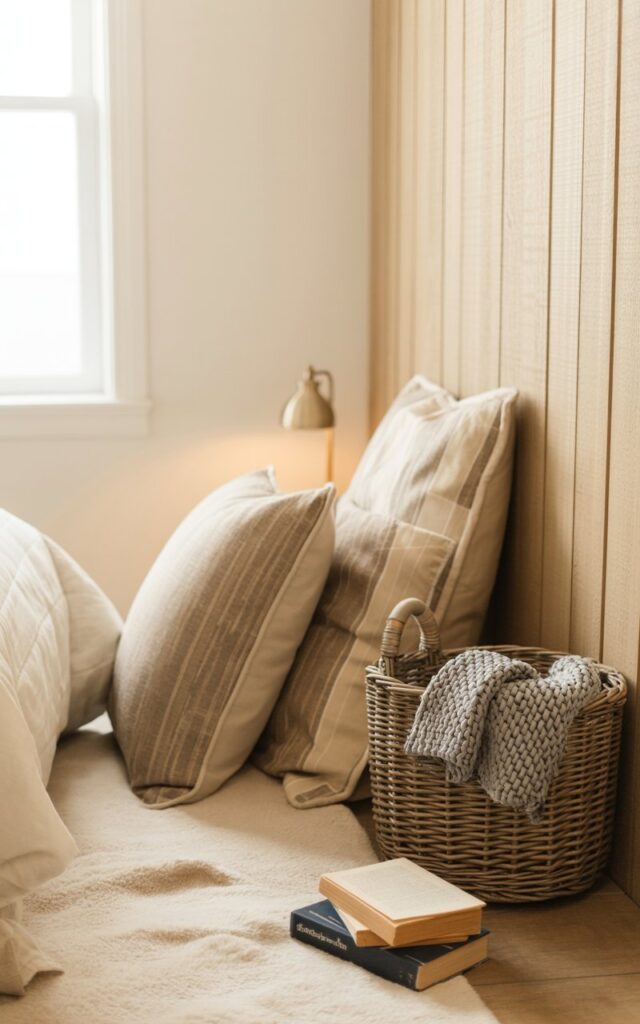 A cozy reading nook with layered pillows and a plush rug in a farmhouse-style bedroom office.