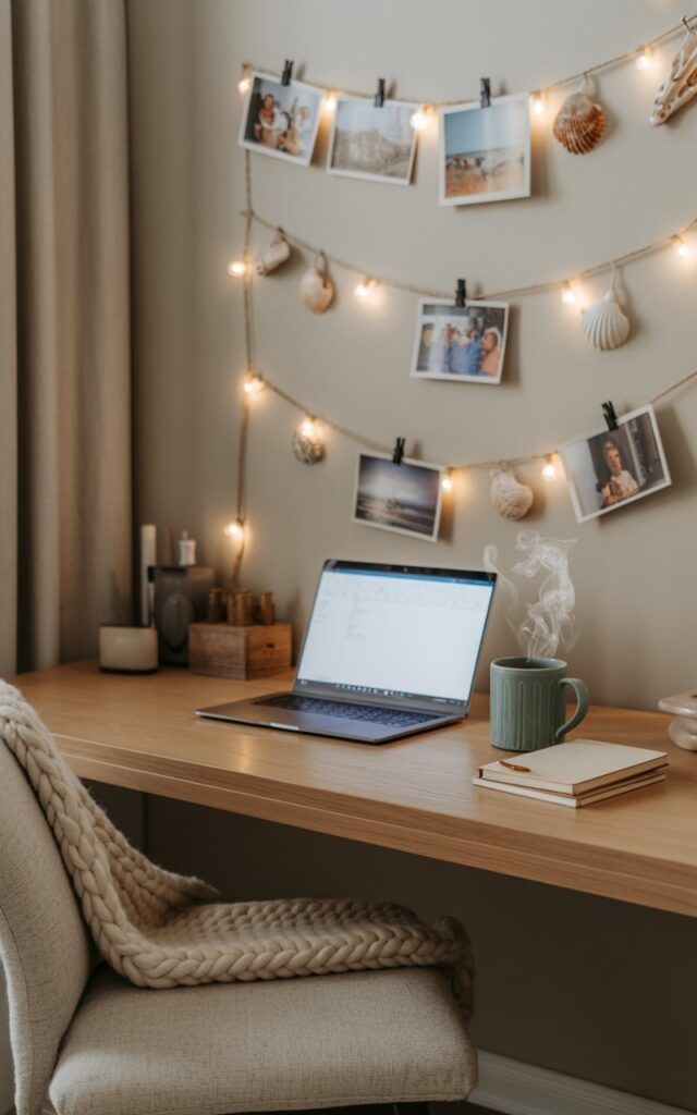 A California coastal-style home office featuring stringed photo clips with family photos and fairy lights above a light wood desk.