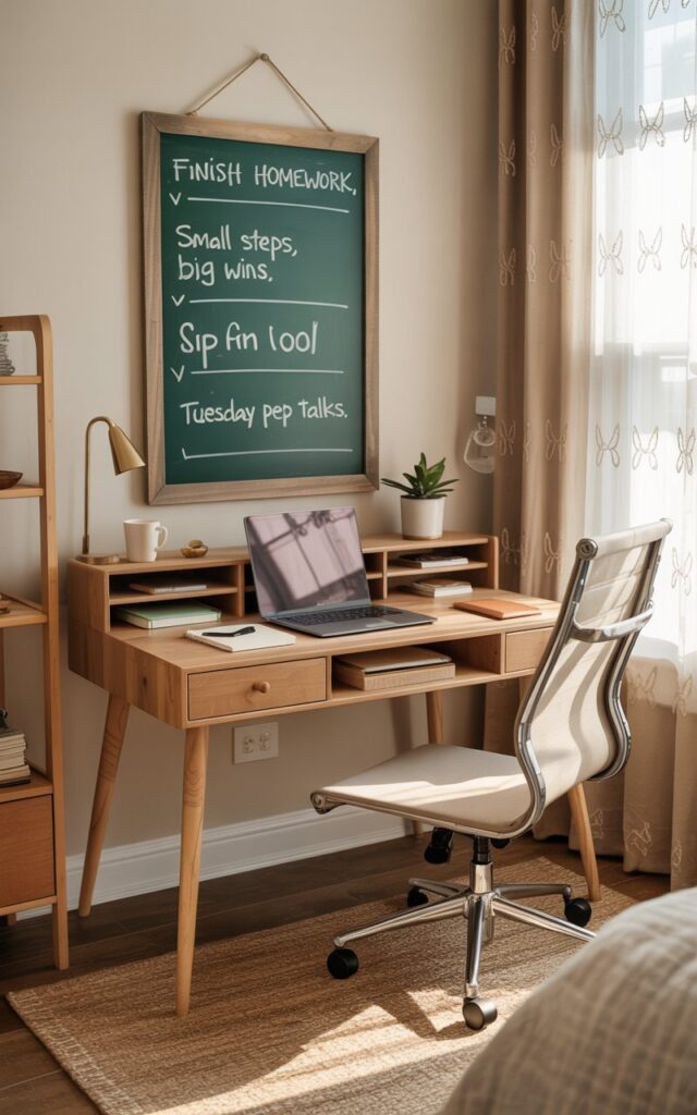 A farmhouse-style home office with a small green chalkboard displaying motivational notes above a wooden desk.