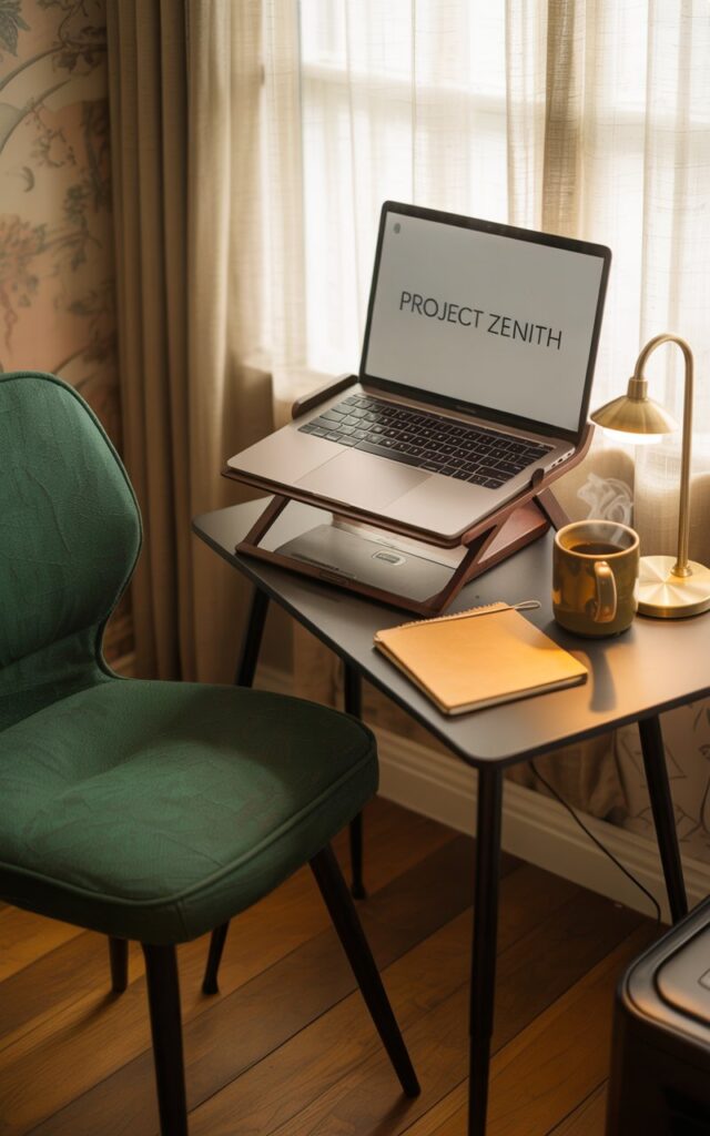 A cozy home office nook featuring a silver laptop on a dark wooden stand paired with an emerald ergonomic chair.