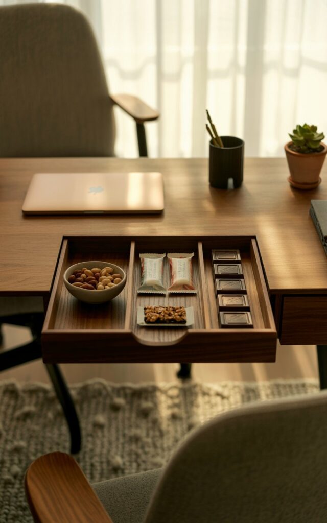 A walnut drawer organizer on a mid-century modern desk filled with nuts, granola bars, and dark chocolate squares.