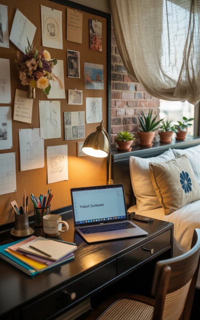 A warm home office nook with a cork wall filled with pinned sketches, notes, and postcards above a dark wooden desk.