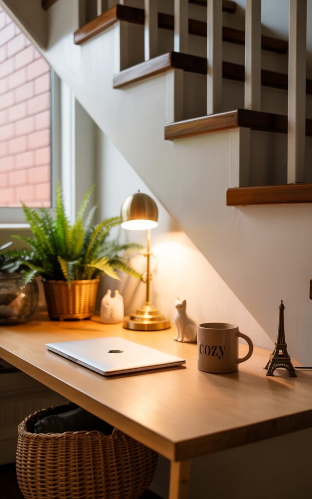 A modern farmhouse home office with a porcelain cat figurine and a miniature Eiffel Tower keychain on the desk.