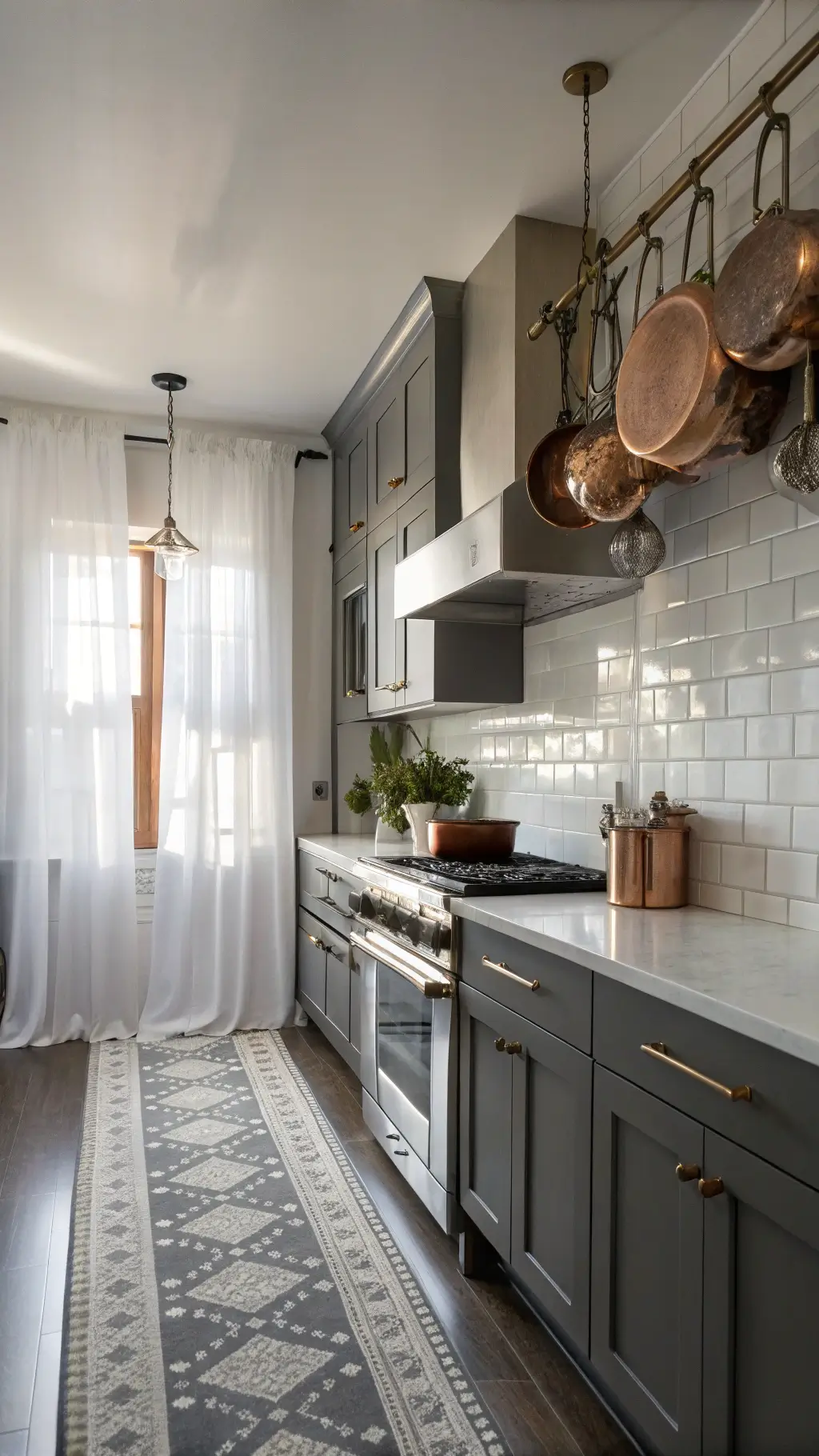 Sleek charcoal grey galley kitchen with shaker-style cabinets, stainless steel appliances, white subway tile backsplash, and copper cookware under soft ambient lighting.