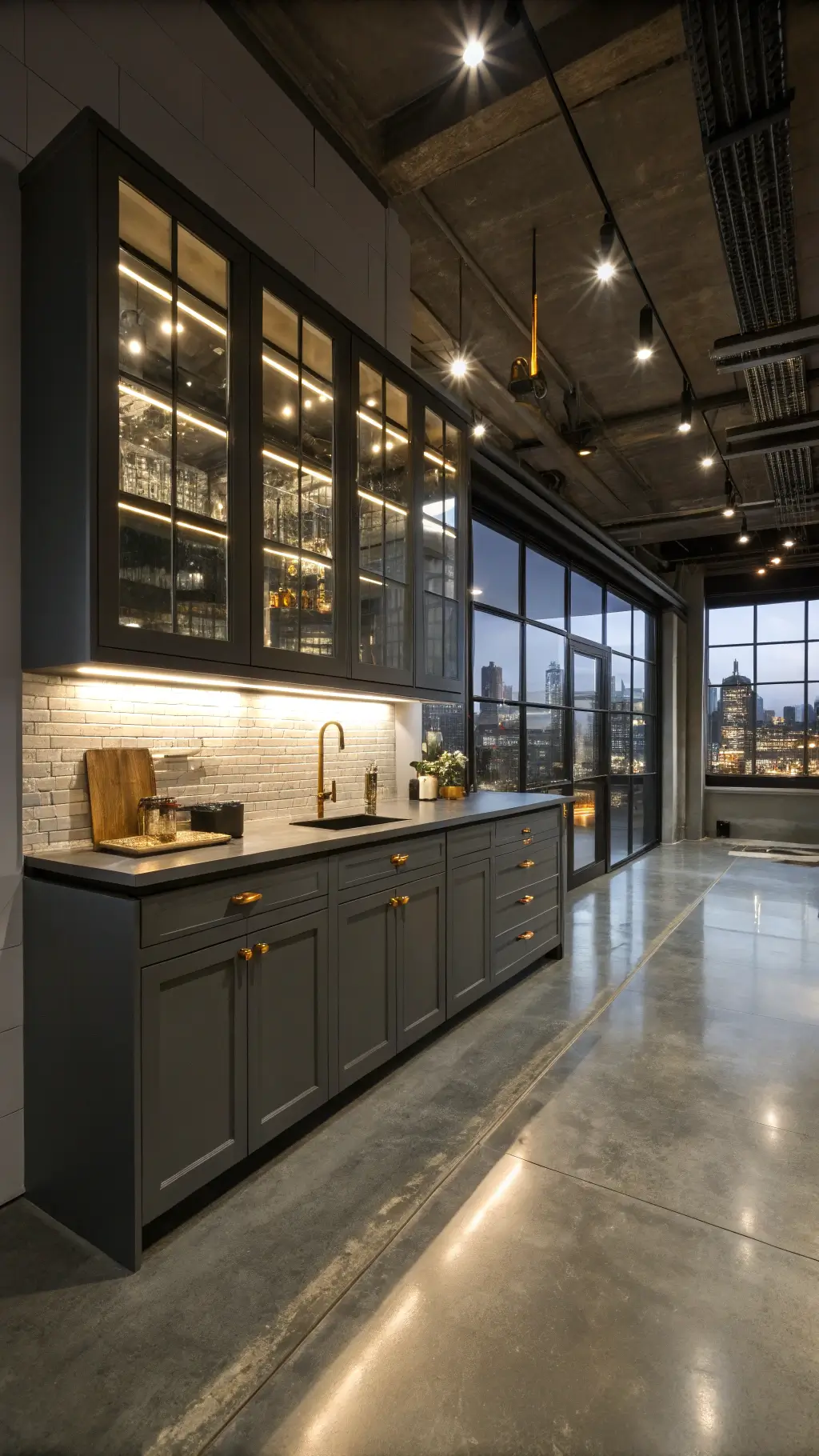 Industrial-style loft kitchen with graphite grey metal cabinets, brass hardware, and black steel-framed glass upper cabinets, illuminated by city lights through large warehouse windows.