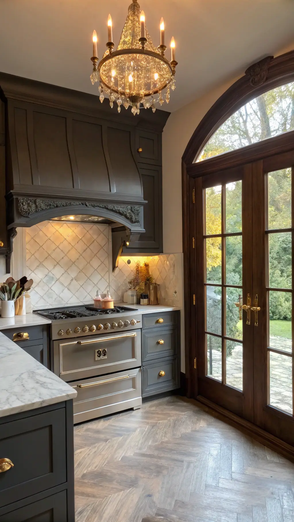 Fusion kitchen blending traditional and modern elements with charcoal grey cabinets, cream-colored range, crystal chandelier, and marble herringbone backsplash illuminated by afternoon sunlight.