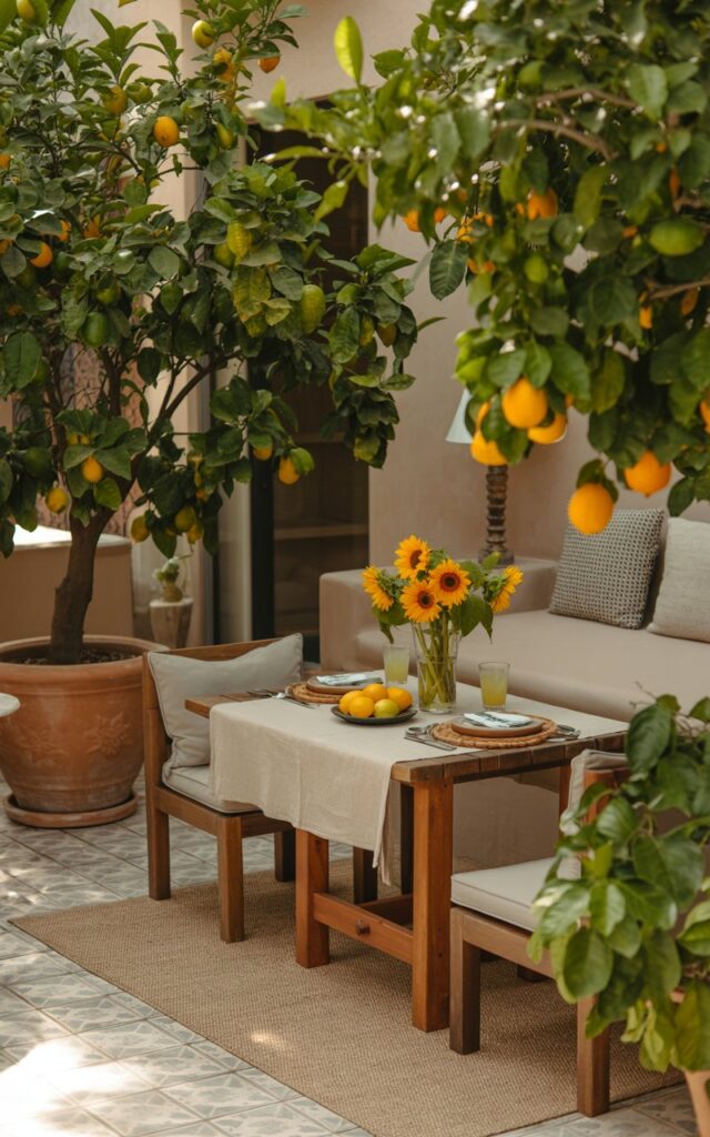 Mediterranean patio with citrus trees and rustic dining table