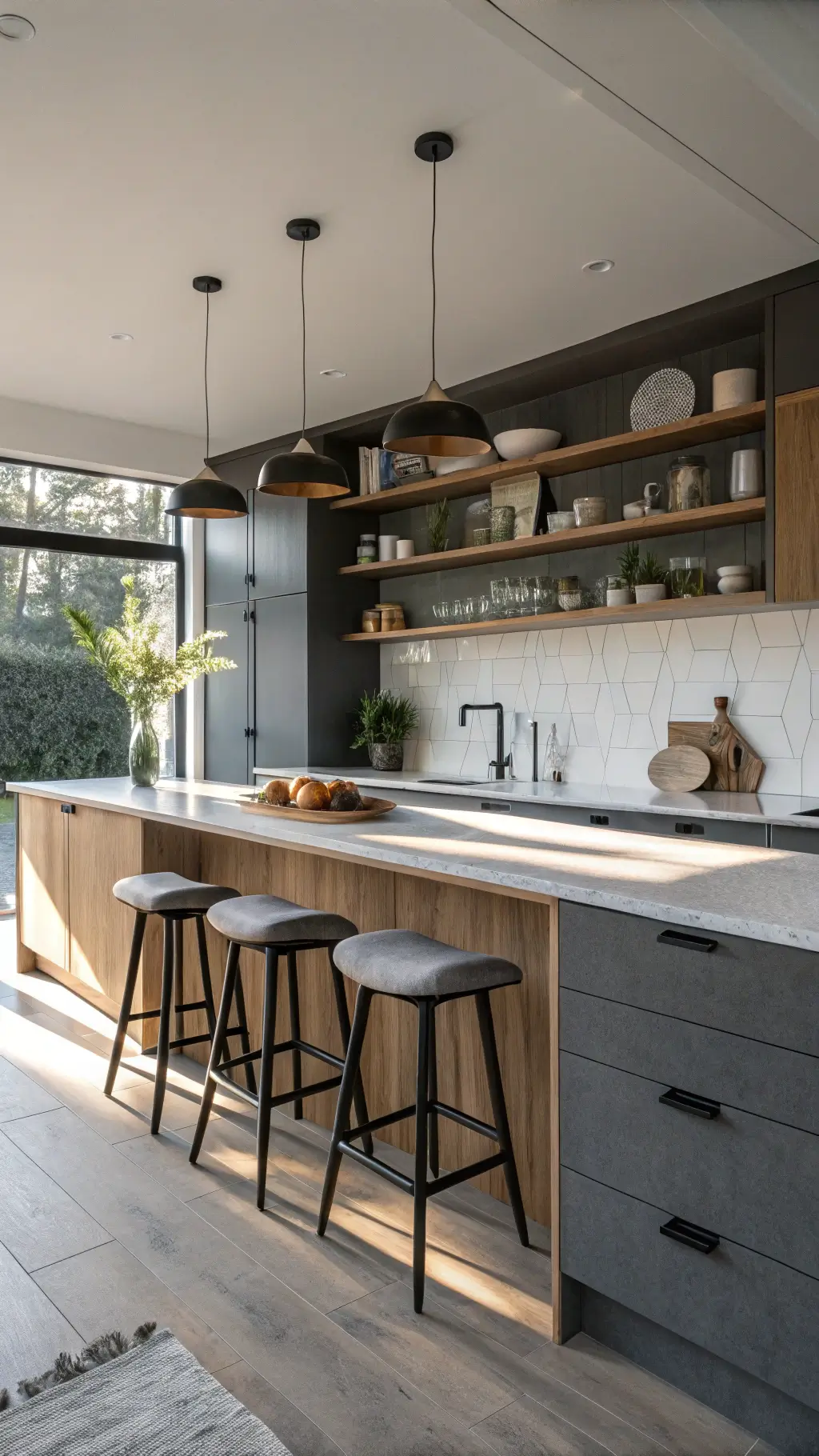 Scandinavian-inspired kitchen with dark grey cabinetry, natural wood accents, white oak shelving displaying ceramics, sheepskin bar stools, and matte black fixtures illuminated by morning light.