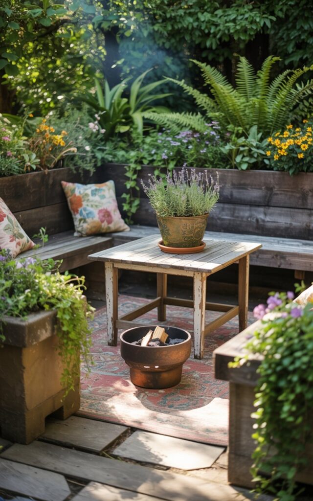 Patio framed by low concrete planters filled with lush greenery