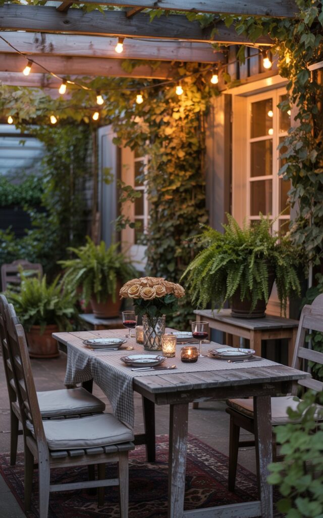 Vintage patio glowing with string lights under a pergola