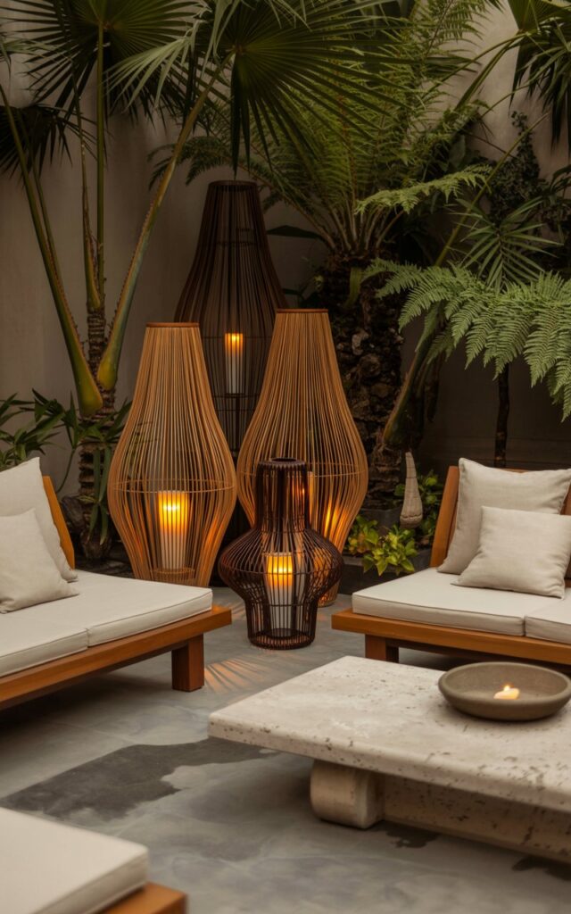 Japandi-Balinese patio with bamboo lanterns and candlelight