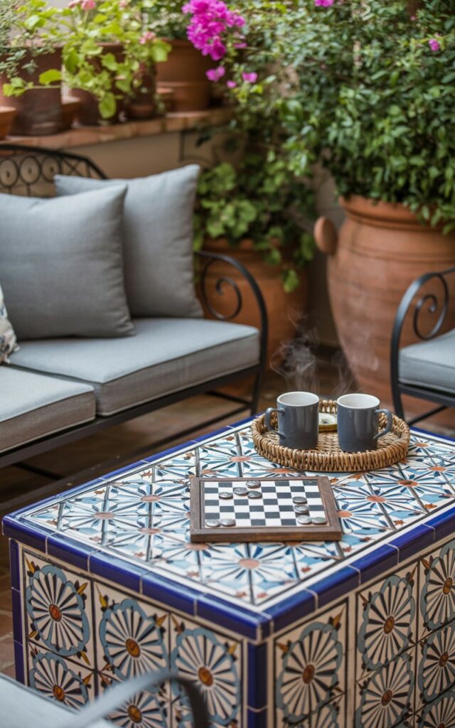 European-style patio with a colorful tiled coffee table