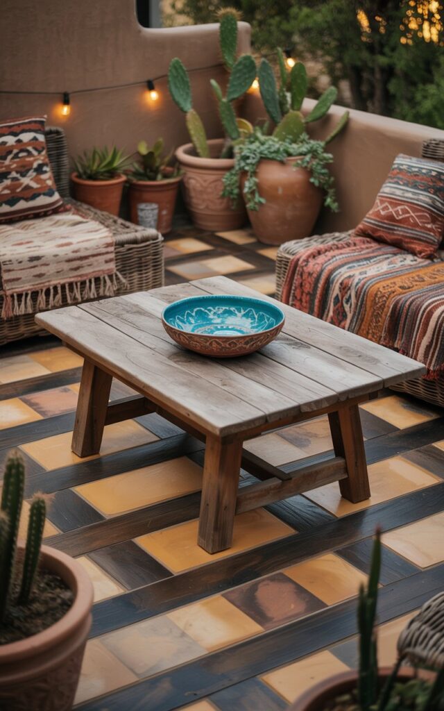 Southwestern patio with mixed wood and stone flooring