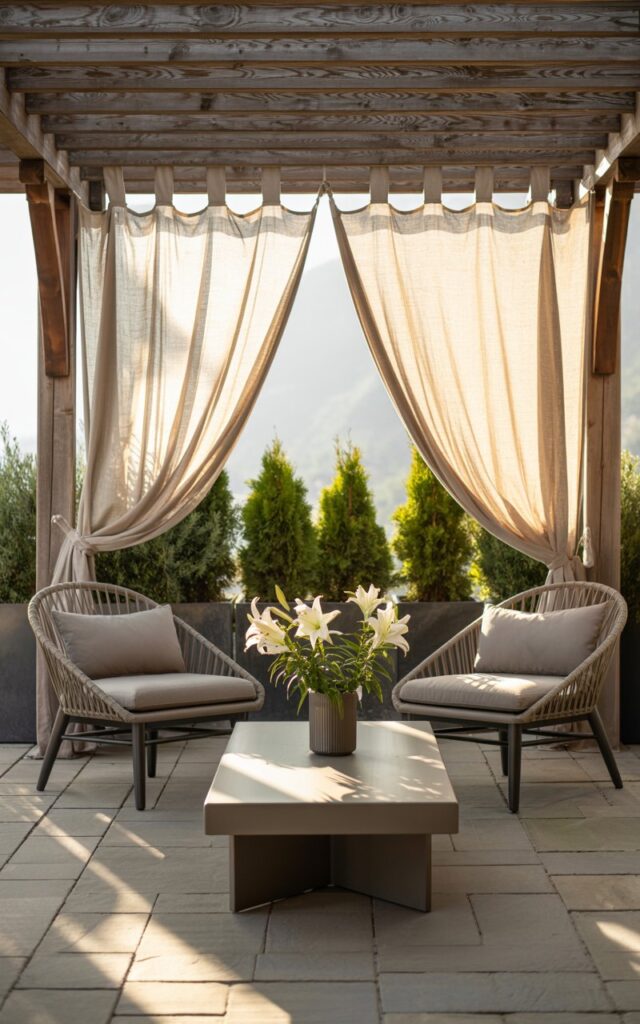 Modern alpine patio with flowing linen curtains on pergola