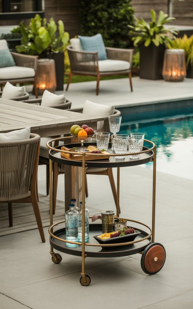 Modern patio featuring a chic bar cart with cocktails