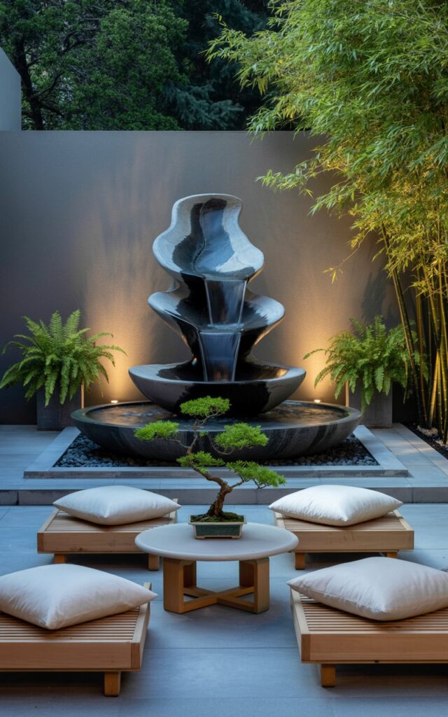 Modern Asia-Zen patio with a sleek water fountain