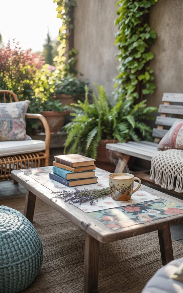 Boho-chic patio with mixed seating and patterned cushions