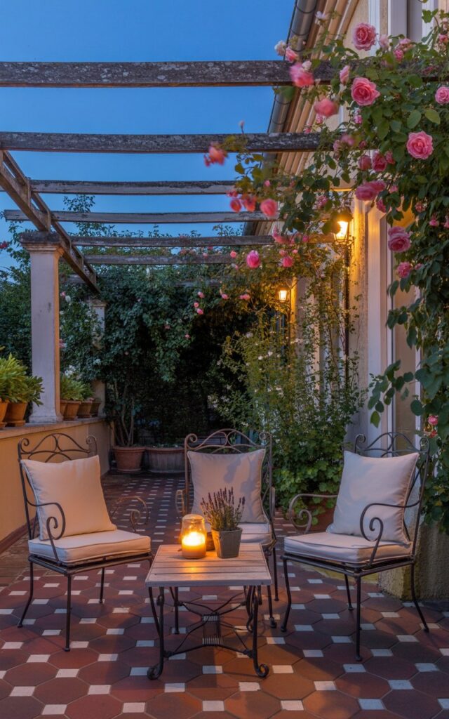 European-style patio with pergola draped in flowering vines