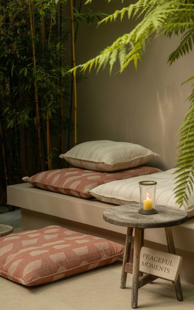 Modern Boho-Asia Zen patio with low wooden lounge platform