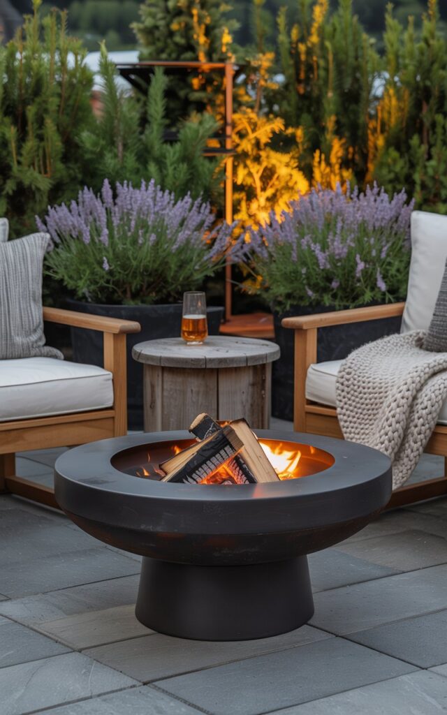 Alpine chic patio with a sleek black metal fire bowl