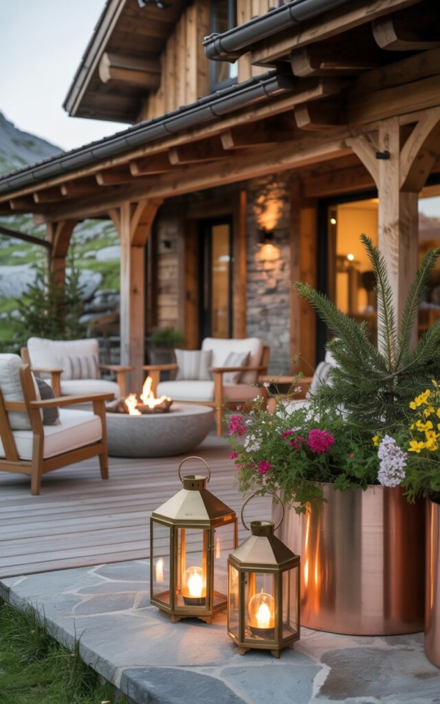 Modern farmhouse patio with brass lanterns and copper planters