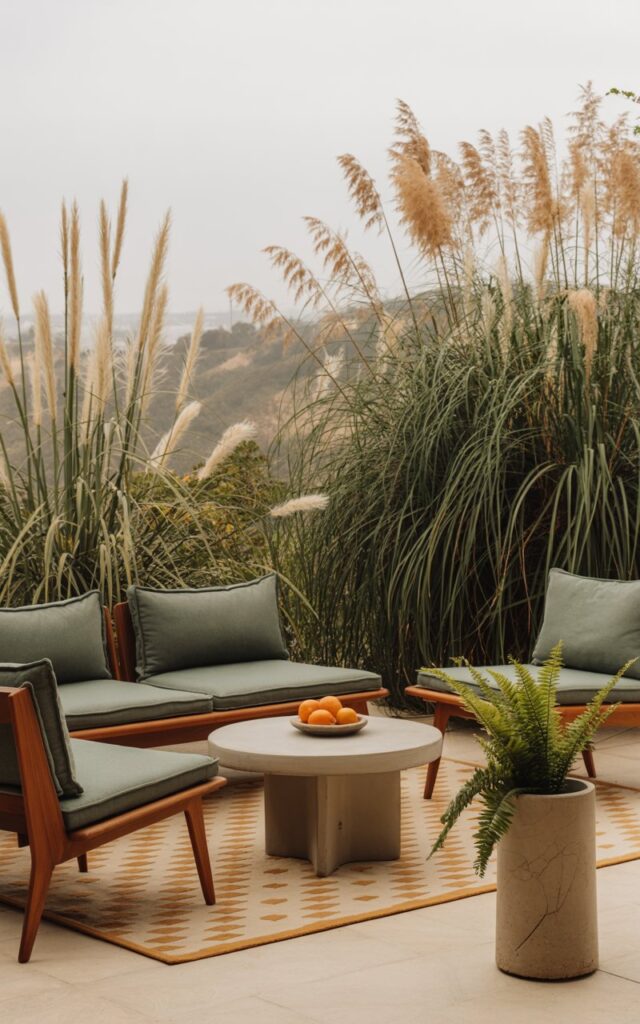 Mid-century modern patio framed by tall ornamental grasses