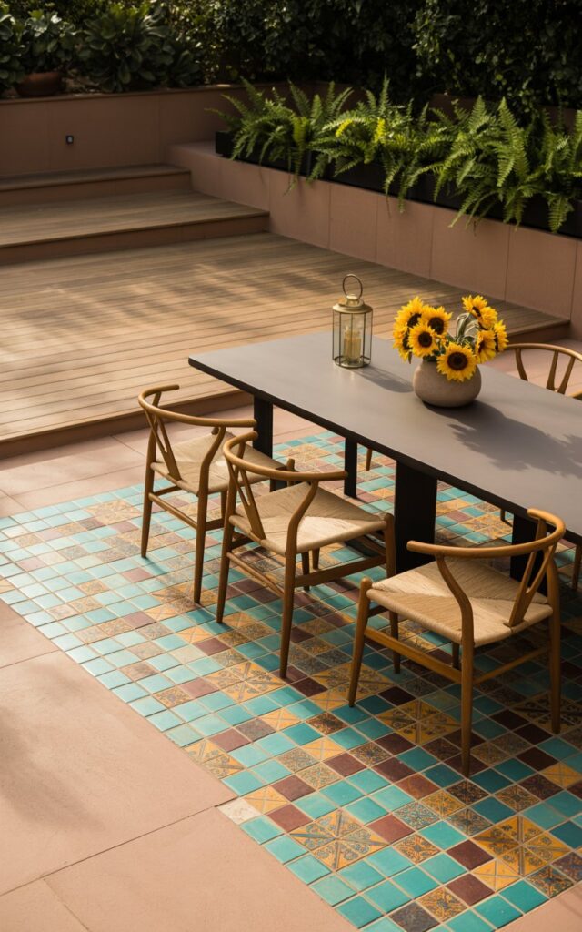 Mid-century modern patio with Moroccan tile accent under dining area
