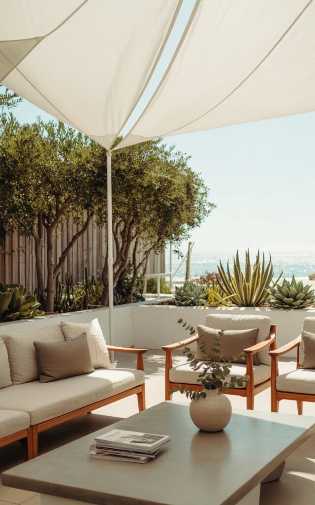 Coastal patio with white canopy sail over seating area