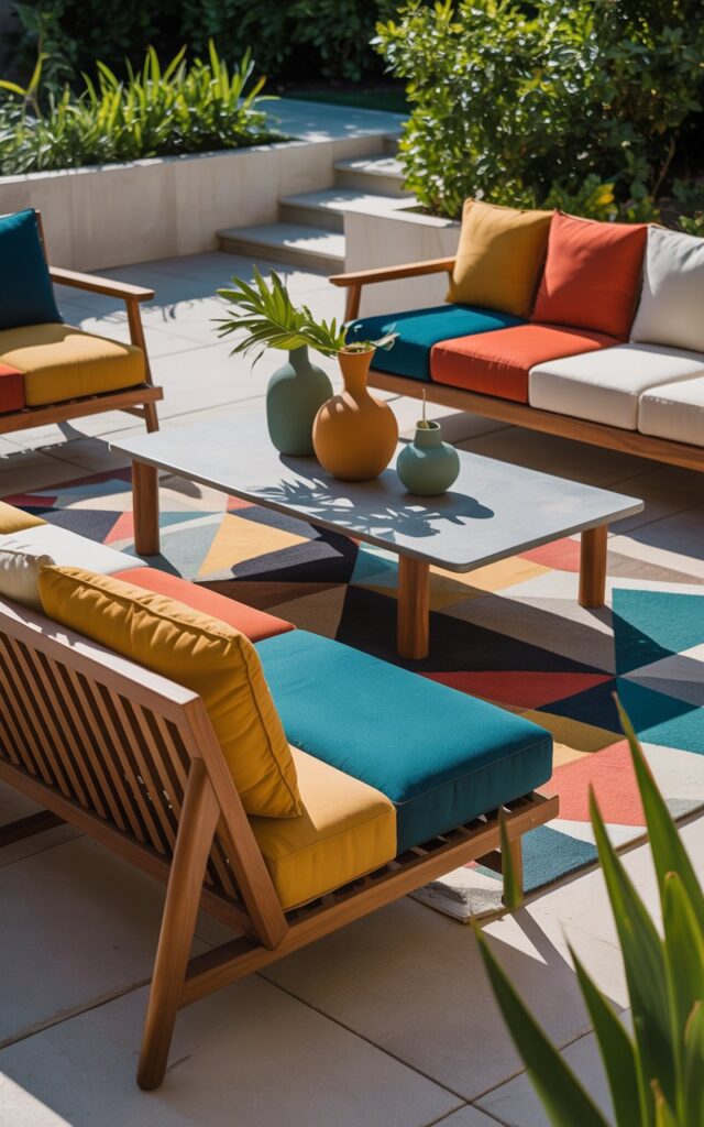 Mid-century modern patio with color-blocked cushions on seating