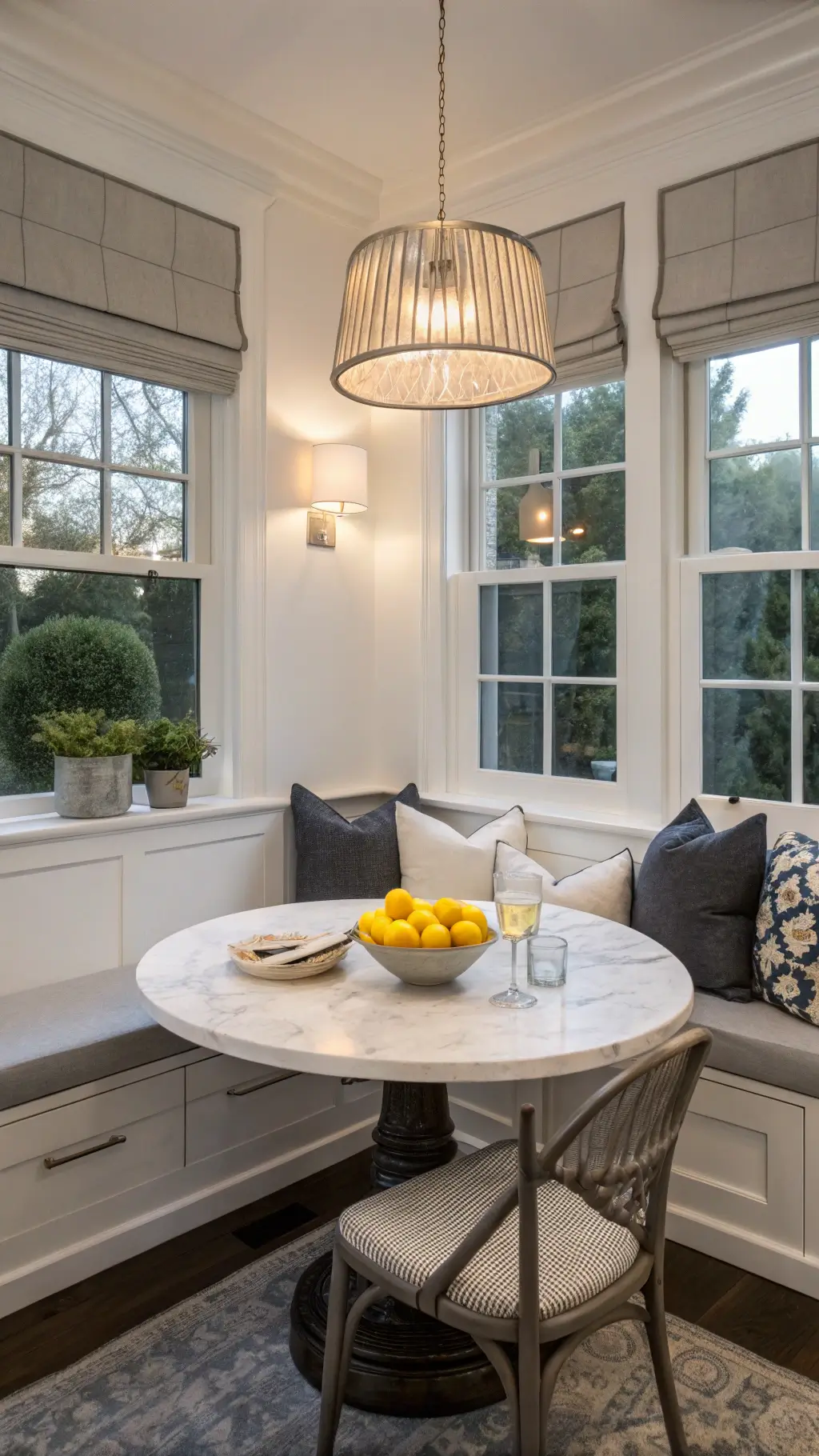 Transitional kitchen nook with charcoal cabinetry, marble table, and soft morning light filtering through roman shades.