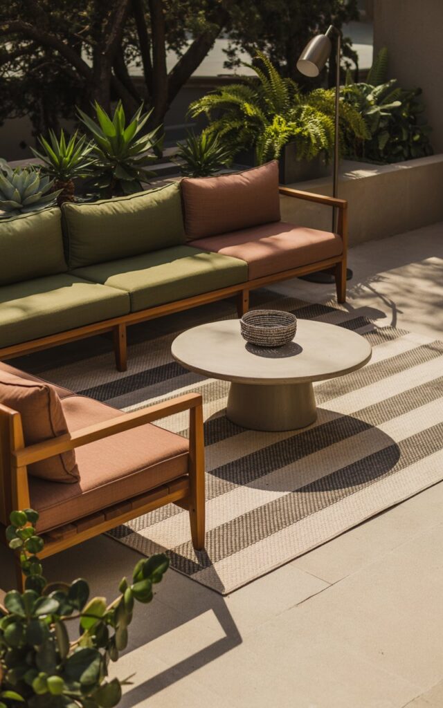 A mid-century modern patio featuring a geometric outdoor rug beneath a wooden lounge sofa with cushions and potted plants.