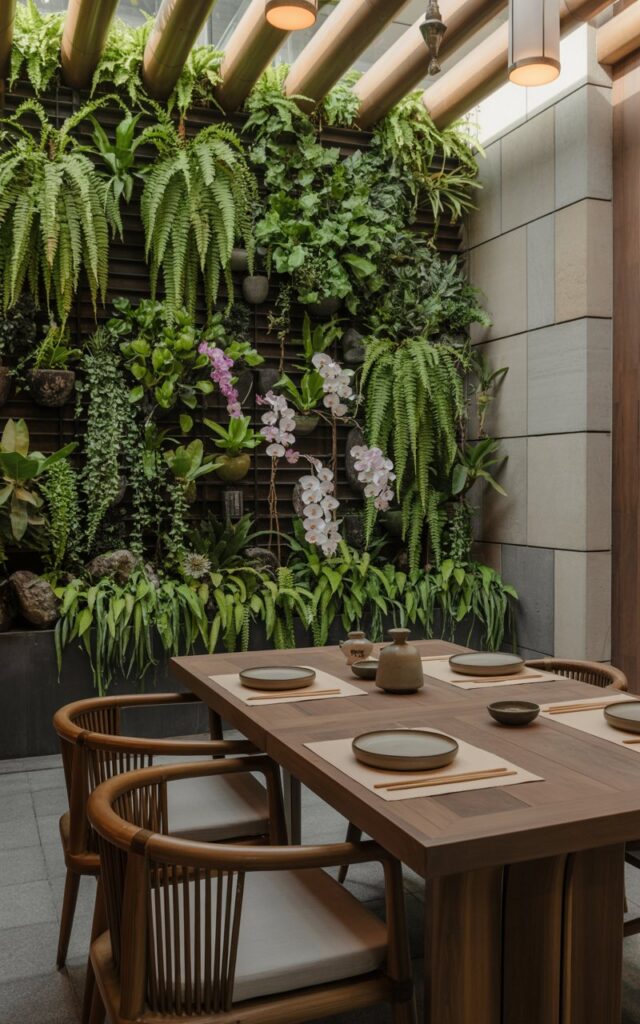 A vertical garden wall filled with lush ferns, herbs, and orchids behind a modern outdoor dining table.