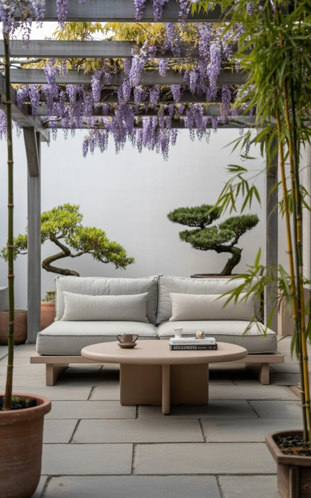 A minimalist wooden pergola covered with blooming wisteria over a modern outdoor lounge with stone flooring and potted plants.