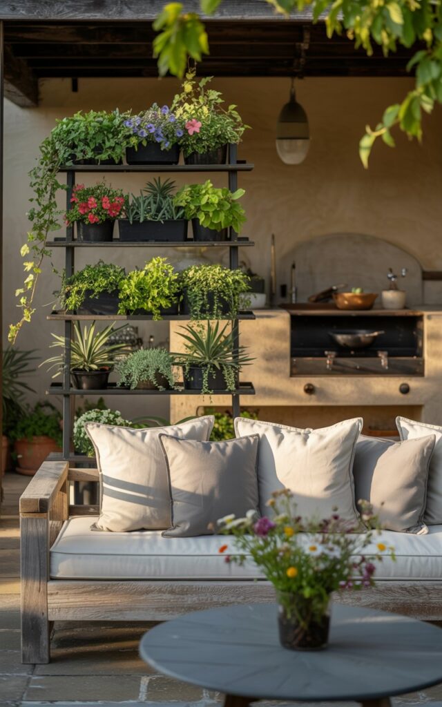 A rustic patio featuring a tiered plant stand with a variety of potted greenery and flowers beside a wooden lounge sofa.