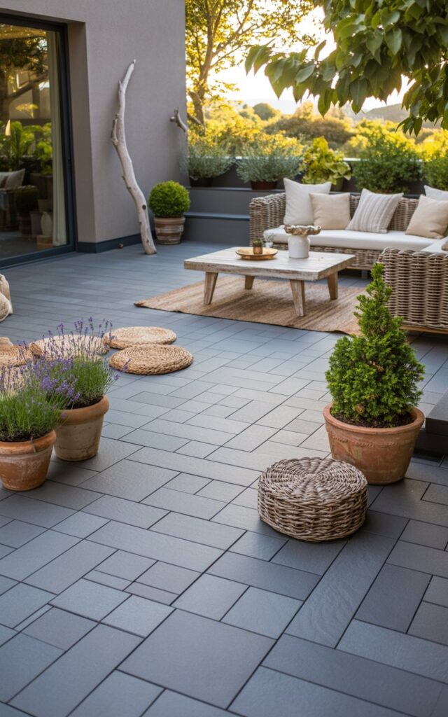 A modern patio featuring interlocking slate-gray deck tiles with a woven rattan sectional and driftwood coffee table.