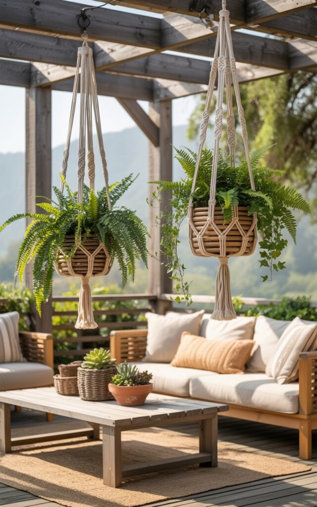 Two macramé plant holders hanging from rustic wooden beams, filled with ferns and trailing ivy on a farmhouse patio.