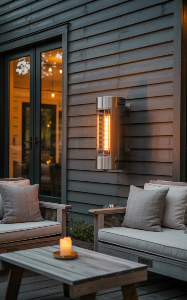 A sleek black wall-mounted heater glowing warmly above cushioned benches on a rustic farmhouse patio.