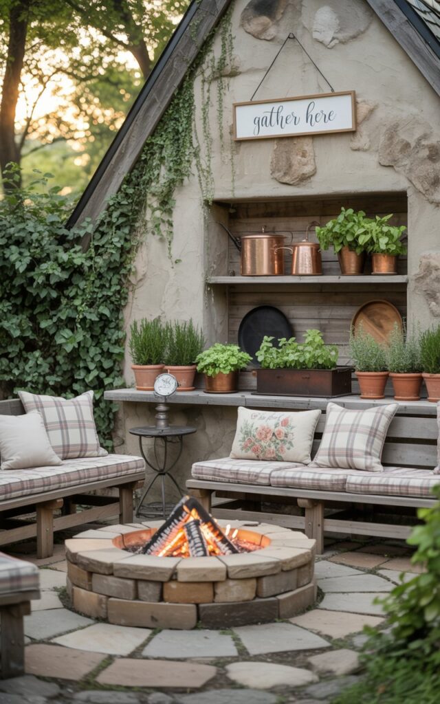 A cozy cottage-style patio centered around a glowing natural stone fire pit surrounded by wooden benches with cushions.
