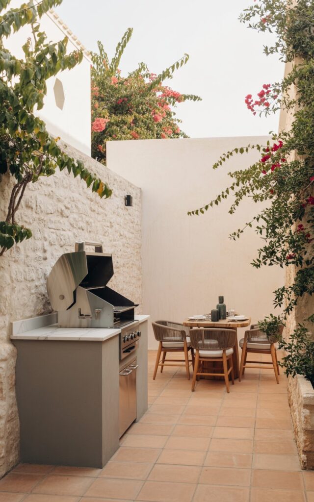A sleek outdoor kitchen with a portable grill, prep counter, and Mediterranean-inspired décor.