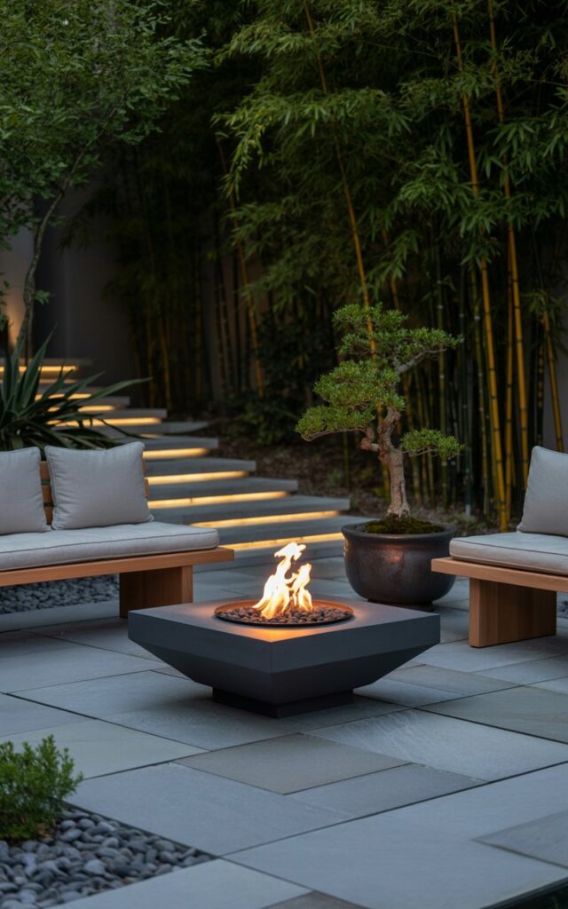 A serene outdoor patio with low-voltage pathway lights highlighting stone walkways and bamboo plants.