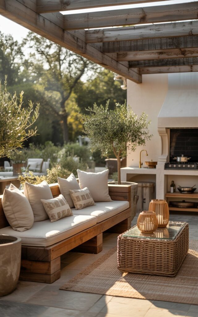 A rustic wooden bench with hidden storage beneath plush cushions on a farmhouse patio.