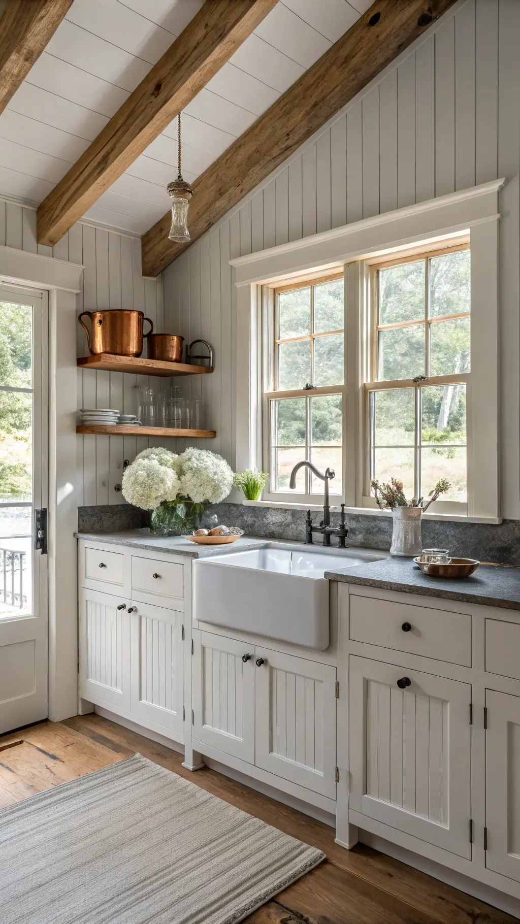 Inviting farmhouse kitchen corner with white beadboard cabinets, soapstone counters, porcelain sink, vintage accents, and morning sunlight streaming through mullioned windows.