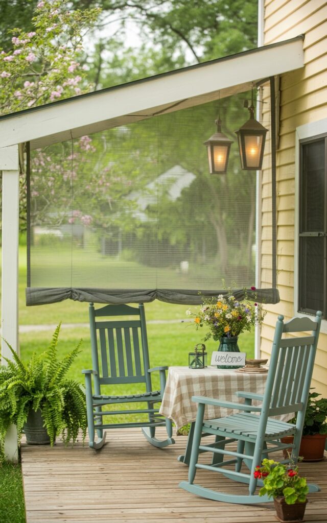 An Americana-style patio with rocking chairs and a retractable insect screen partially extended to keep bugs out.