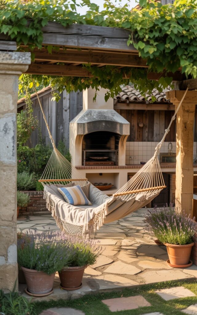 A French country patio featuring a hand-woven hammock with cushions, surrounded by rustic stone pillars and lush plants.