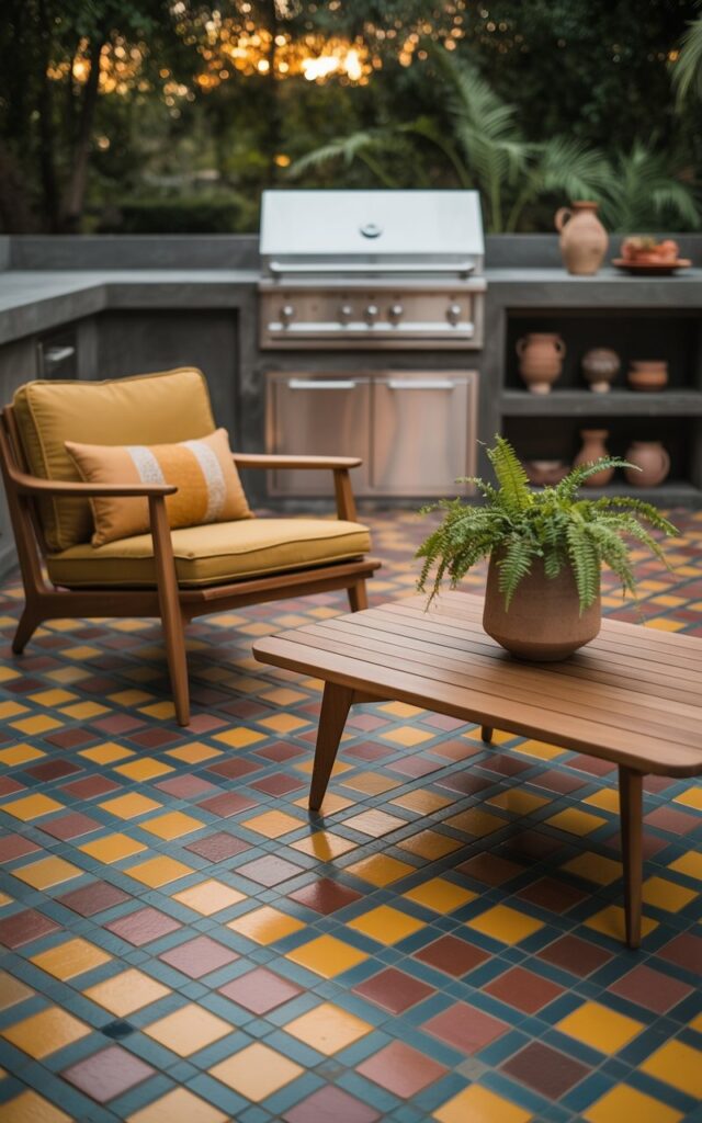 A mid-century modern patio with Moroccan-inspired painted geometric pavers in warm tones.