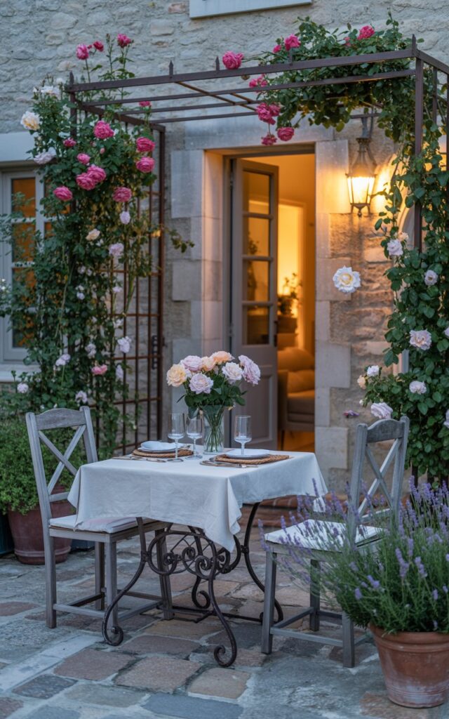 A French country patio with a wrought-iron dining table and a trellis covered in climbing roses.