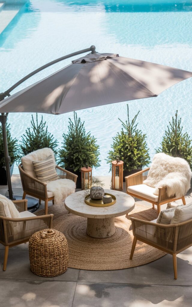 An alpine chic patio shaded by a large light gray cantilever umbrella over a cozy seating area.