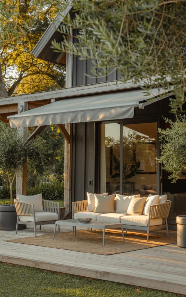 A modern farmhouse patio furnished with teak sofas and aluminum chairs under a retractable awning.