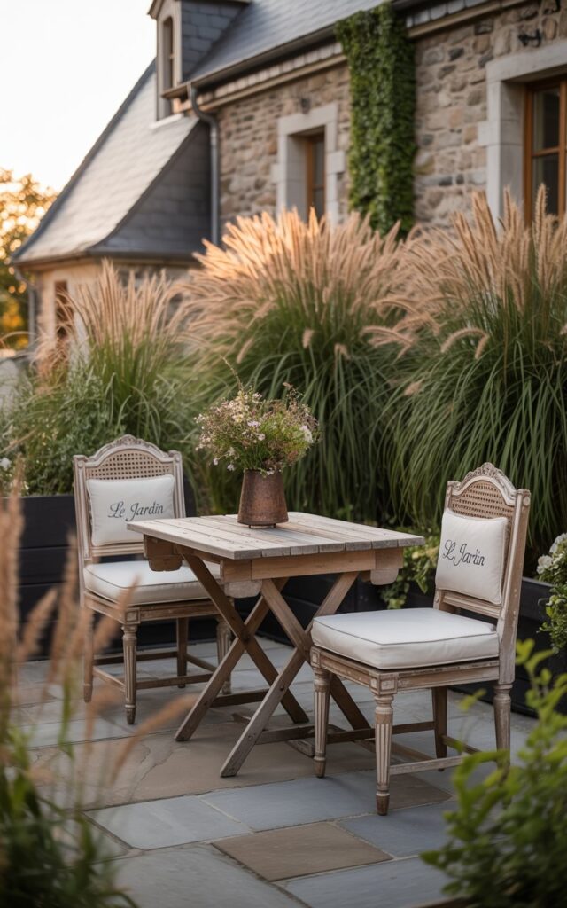 A European-style patio surrounded by tall ornamental grasses creating a natural screen and softening edges.